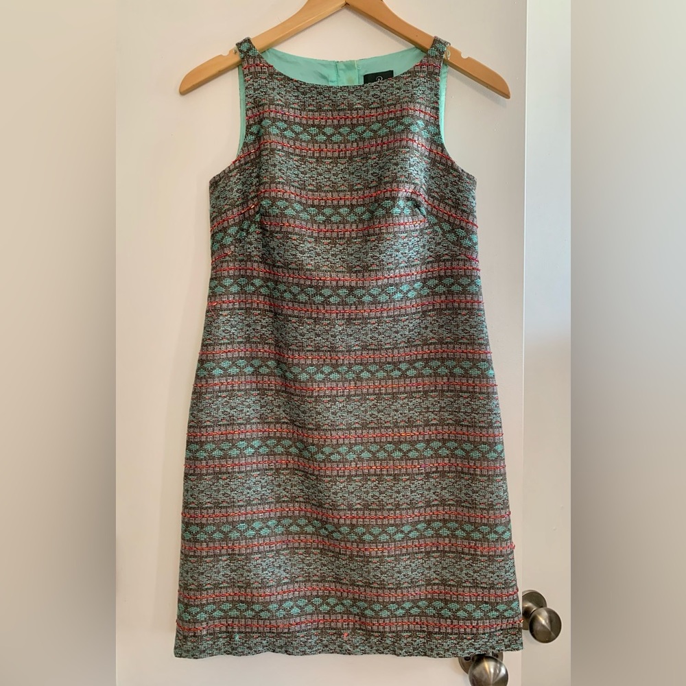Designer Mermaid! Adrianna Papell colorful shimmer teal orange stripe sheath